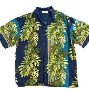 Tommy Bahama Mens Silk Aloha Shirt XL Blue Tropical Palm Leaf Print Button Up
